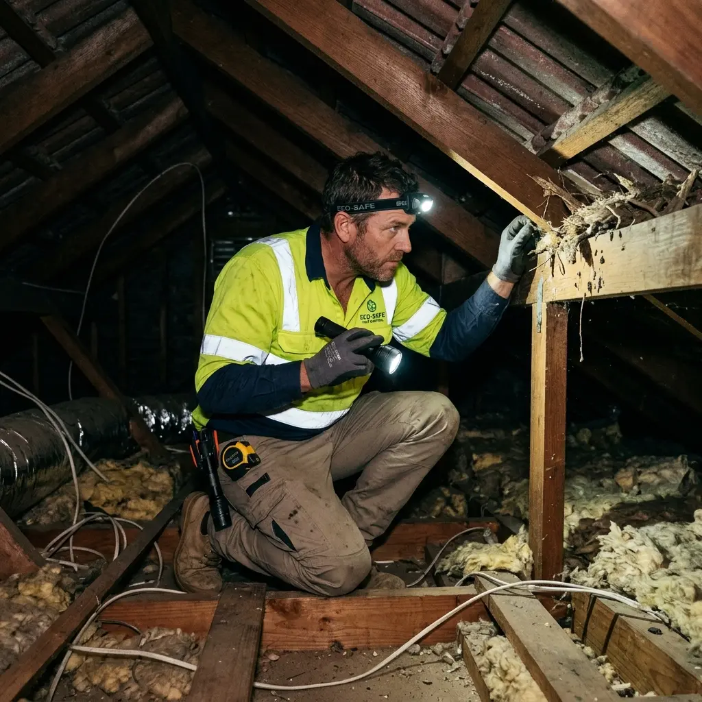 Technician inspecting a roof cavity for a dead animal in Redan