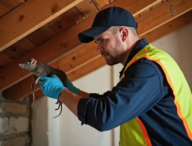 Technician inspecting a roof cavity for a dead rat in Redan